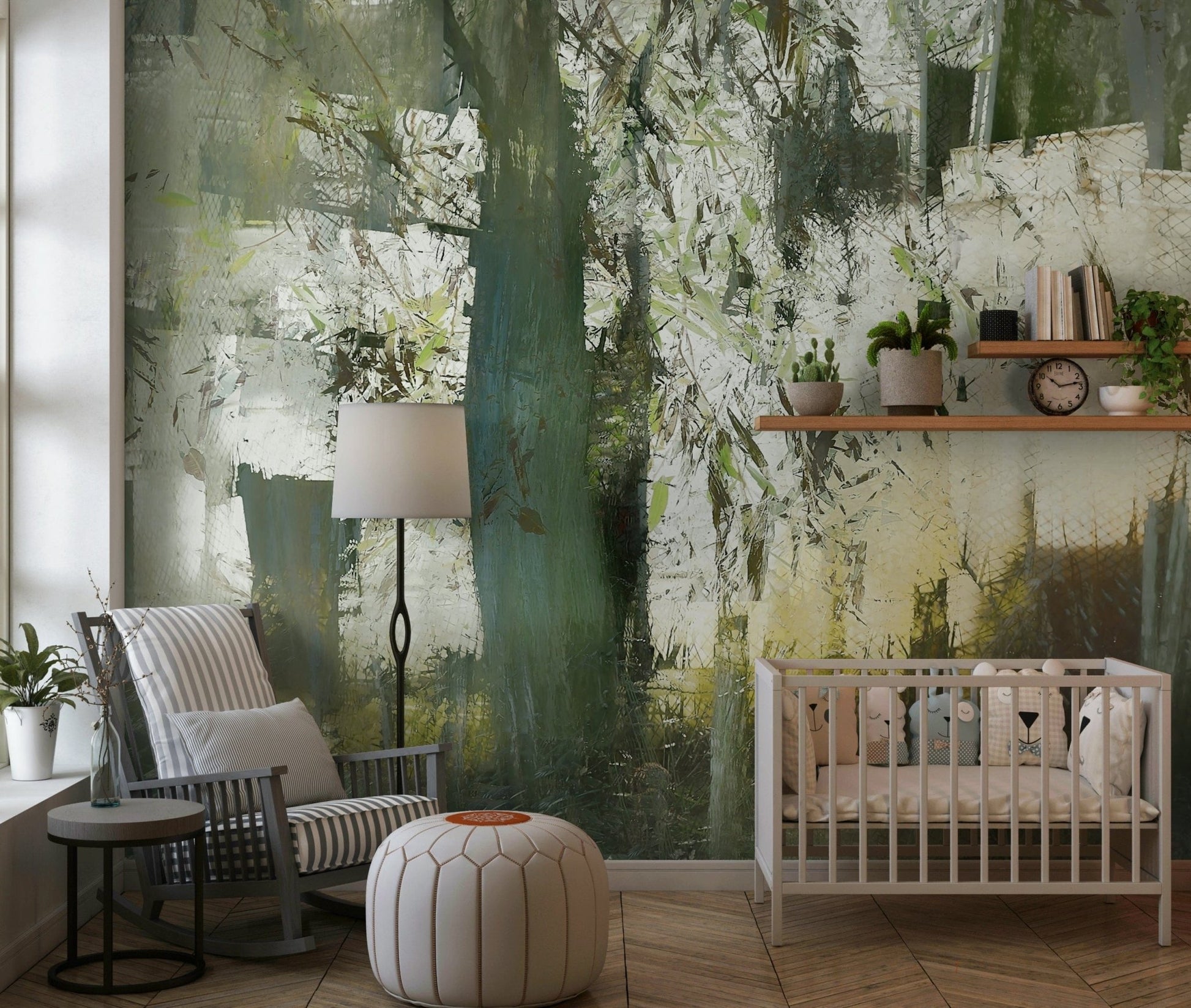 A peaceful woodland vista mural on decorative wallpaper.