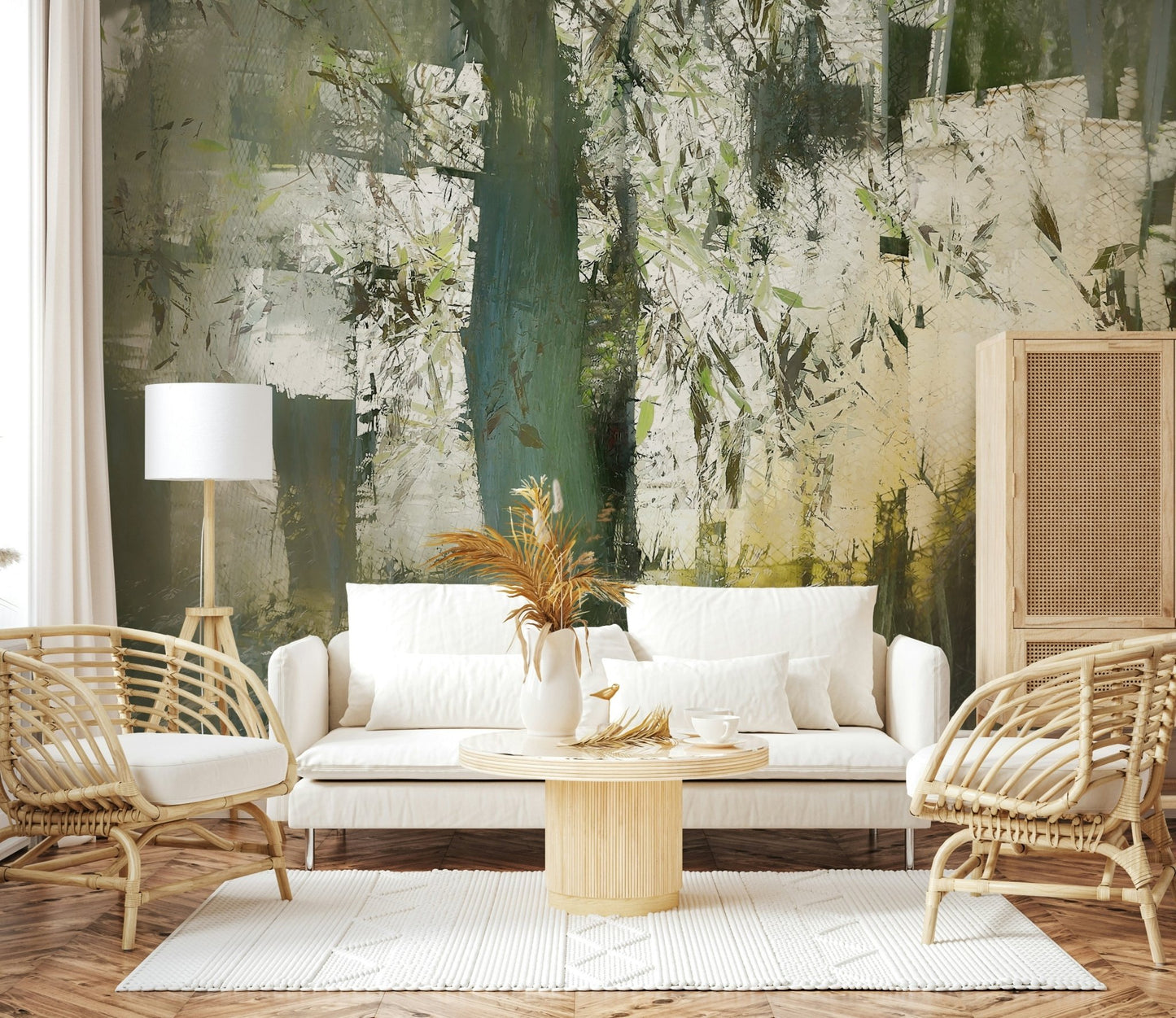 A beautiful abstract forest wallpaper mural with subtle, misty shapes.