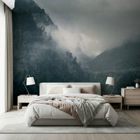 Shrouded trees and cascading creek mural of Misty Woodland Cascade art.