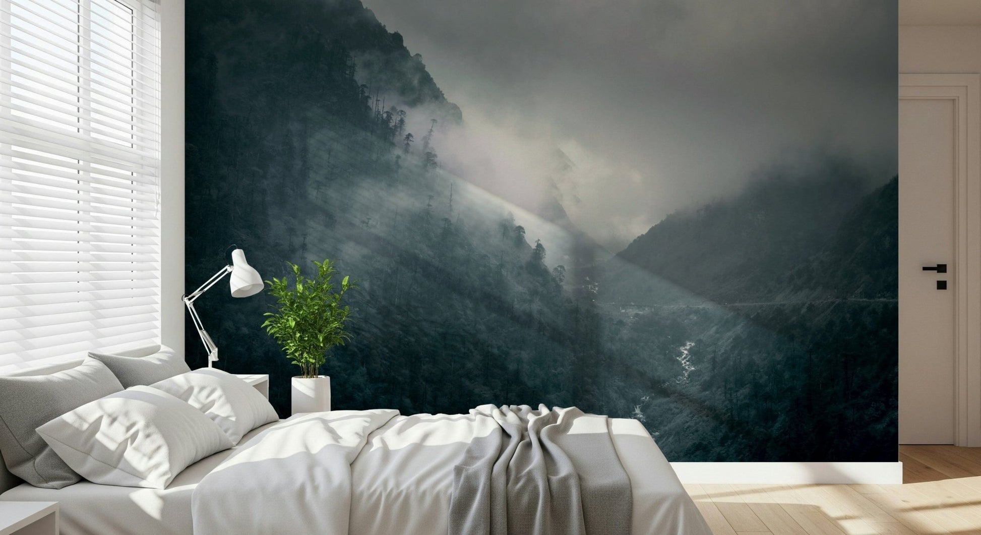 Gray fog and remote waterway wallpaper featuring Misty Woodland Cascade theme.