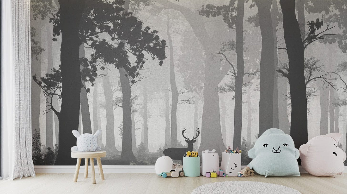 Foggy forest wallpaper with wildlife
