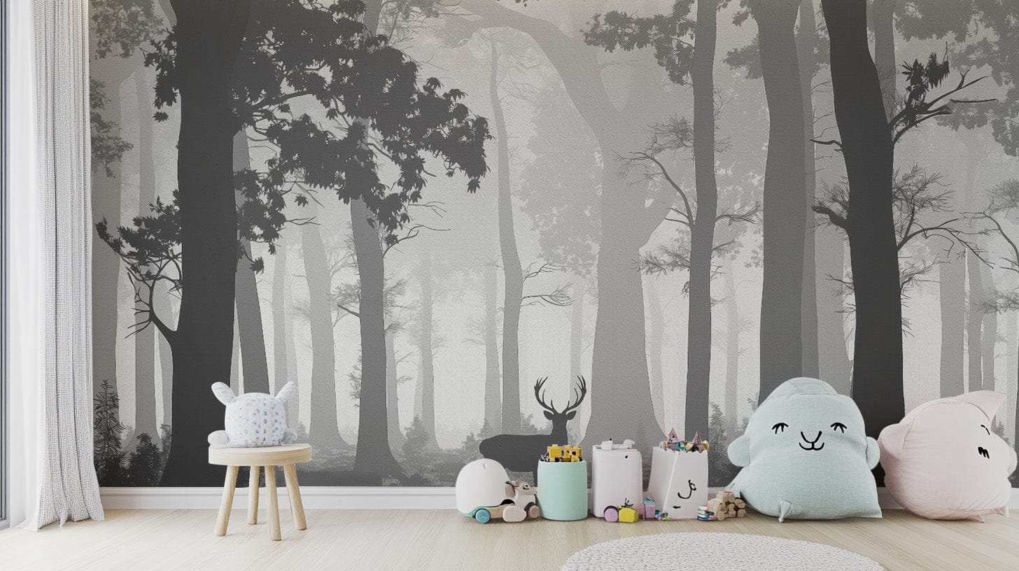 Foggy forest wallpaper with wildlife
