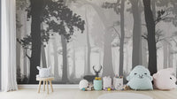 Foggy forest wallpaper with wildlife
