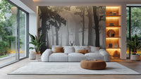 Deer standing in foggy forest mural
