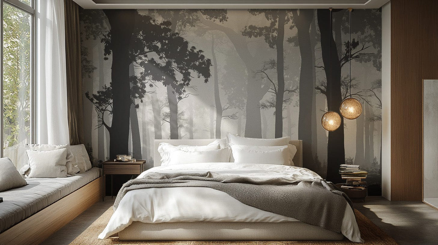 Misty woodland forest wallpaper design
