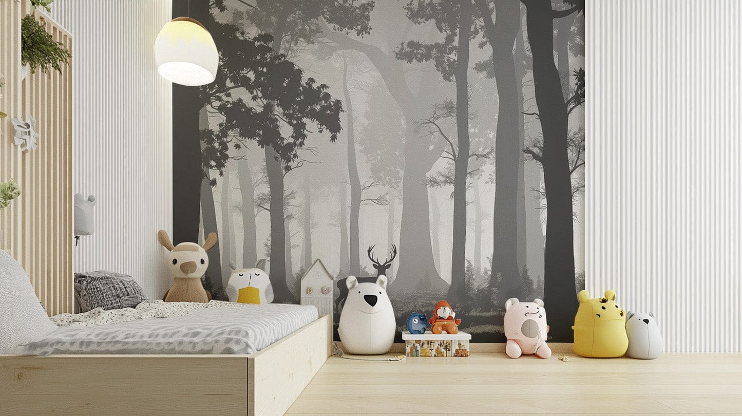 Elegant foggy forest with deer
