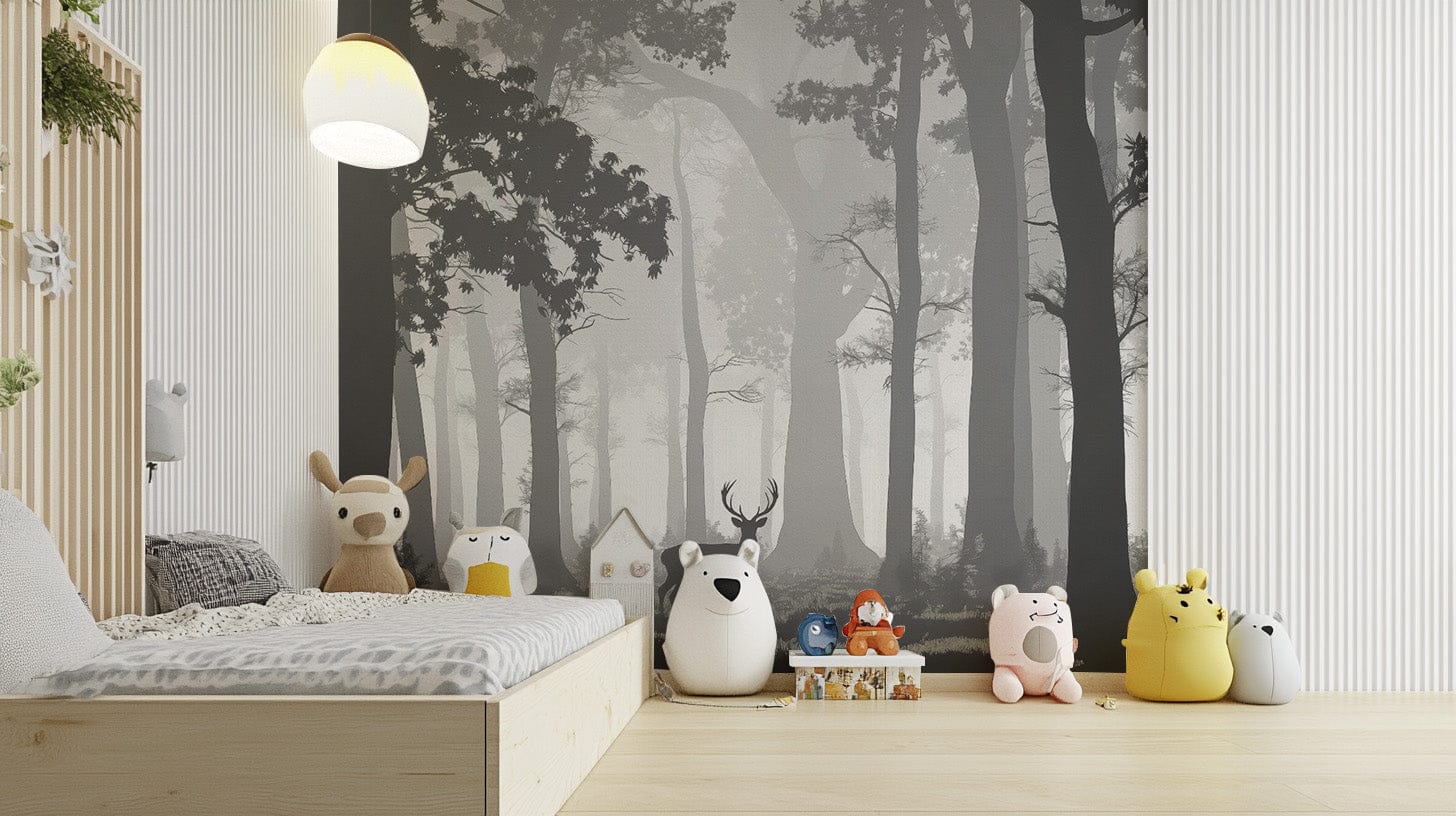 Elegant foggy forest with deer
