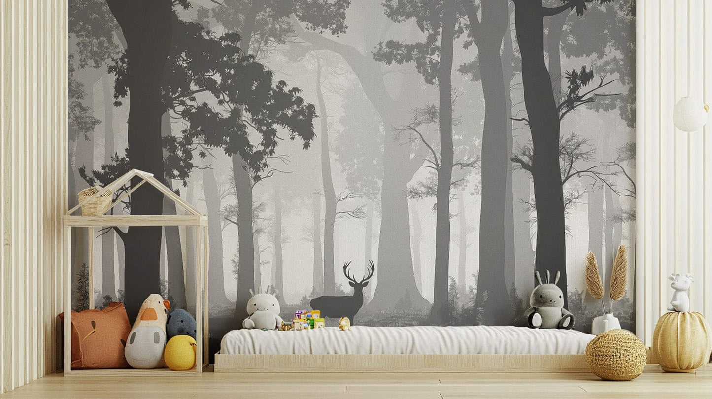 Tranquil misty forest wall design
