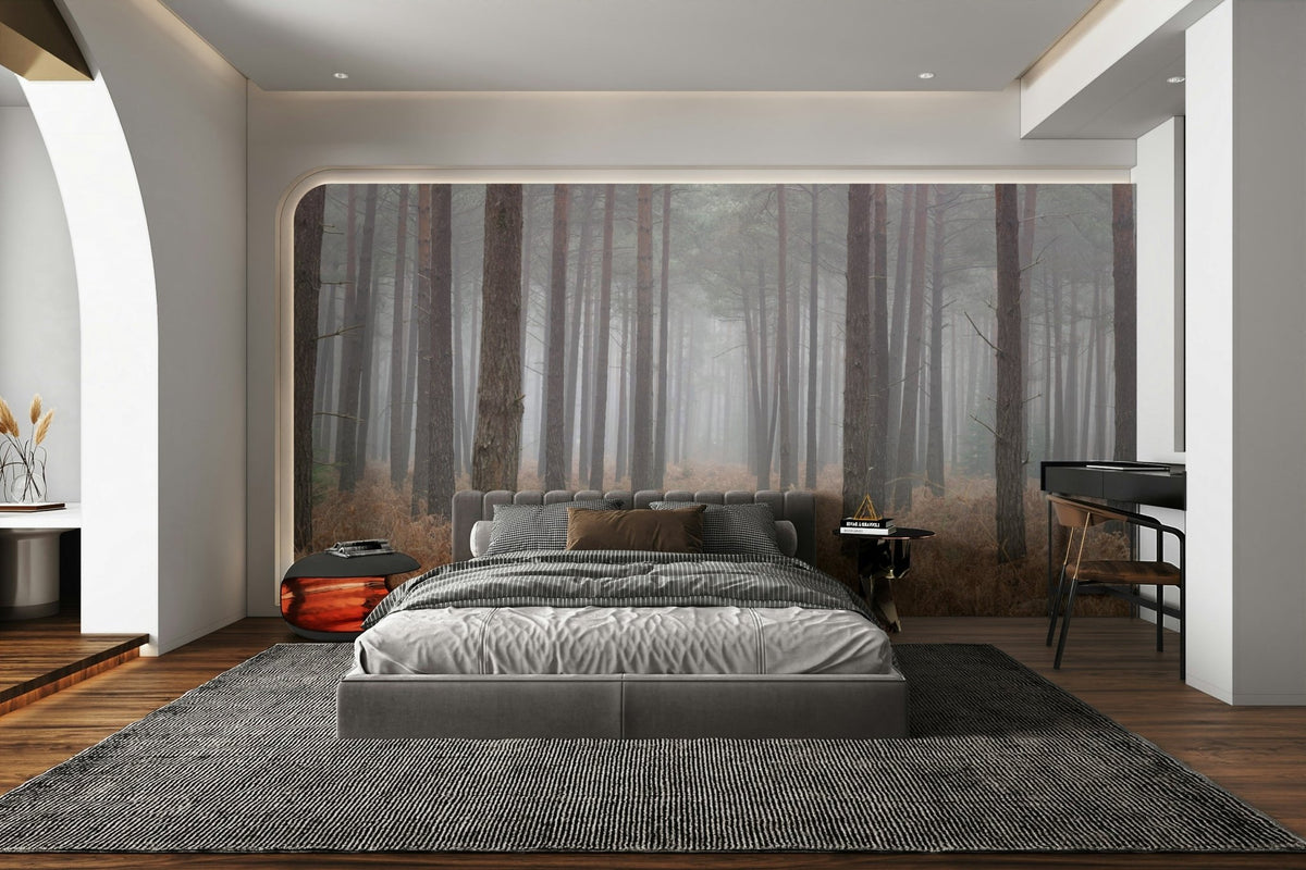 Misty Woodland Escape wall mural showing tall pine trunks in soft grey fog GD4995
