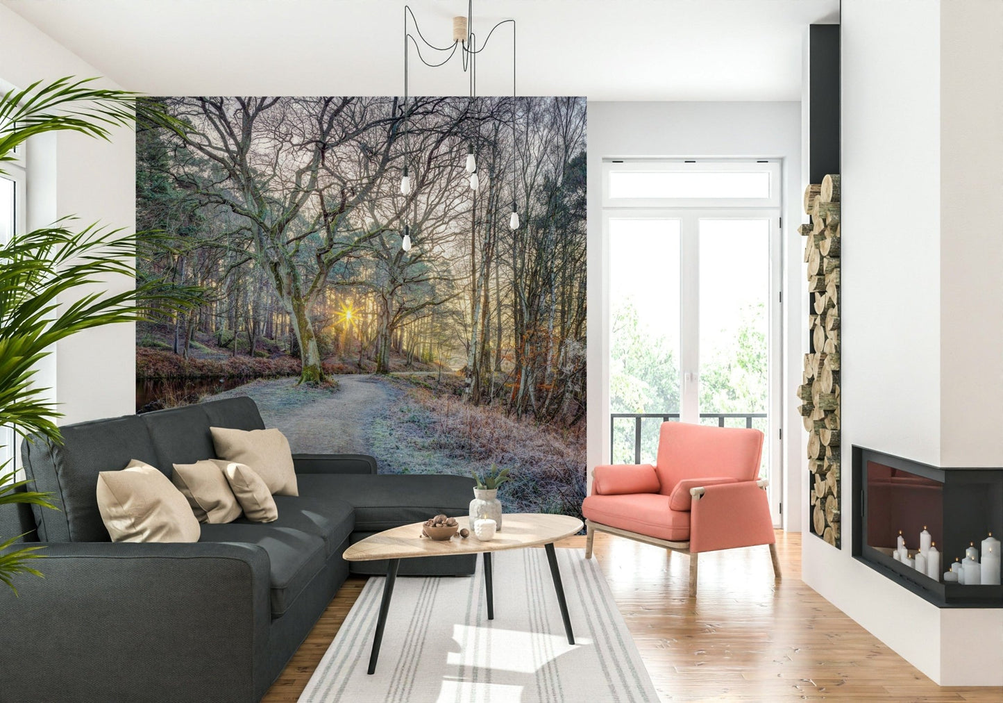 Misty Woodland Glare Wall Mural in a serene living room setting.
