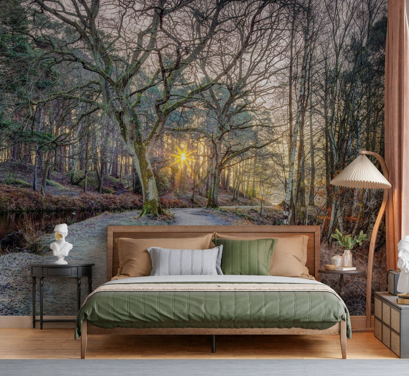 Misty Woodland Glare wallpaper for a peaceful guest room.