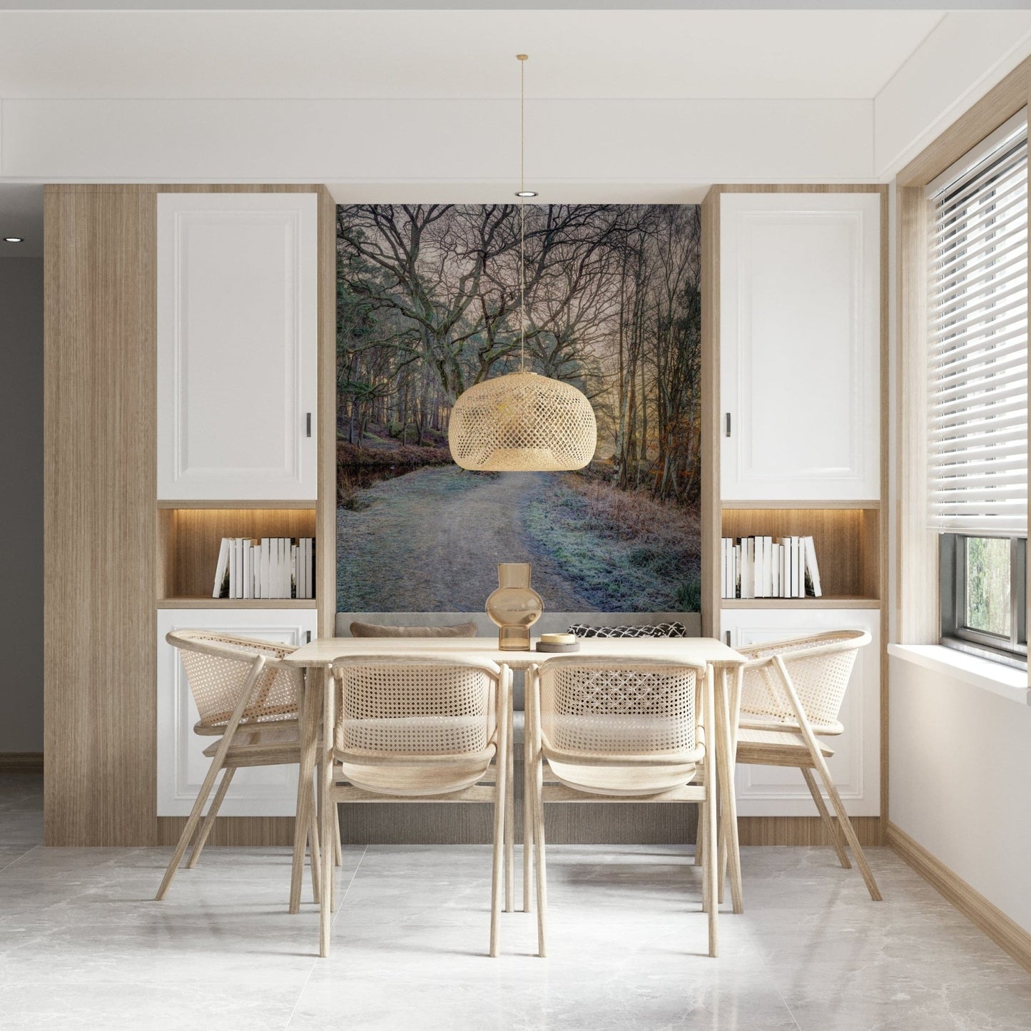 Atmospheric nature wall mural with sun glare for home offices.