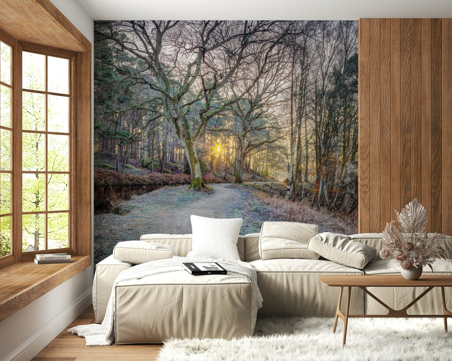 Foggy forest wallpaper design for a calming bedroom atmosphere.