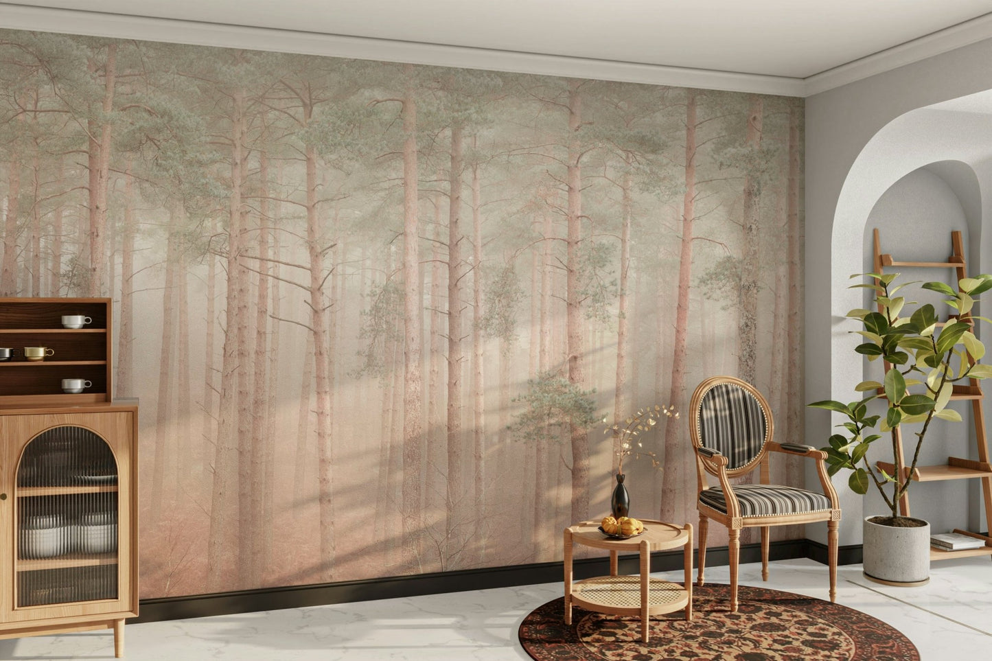 A wall mural of a peaceful forest scene.

