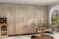 A wall mural of a peaceful forest scene.

