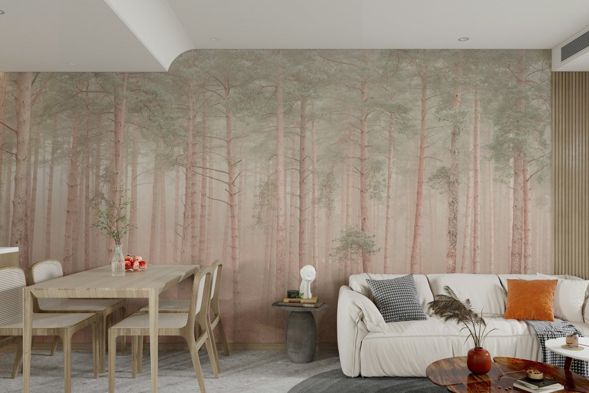 The image shows an artistic impression of a serene forest with a misty glow.

