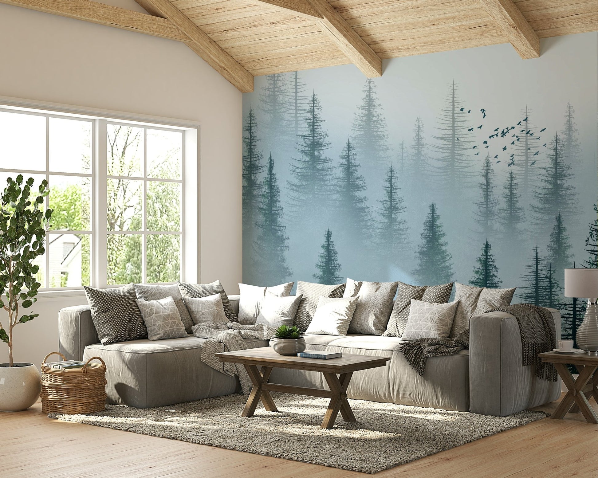 tall trees in mist wallpaper design