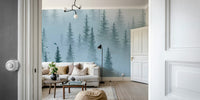 pine forest mural with light mist