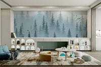 misty forest wallpaper with tall trees