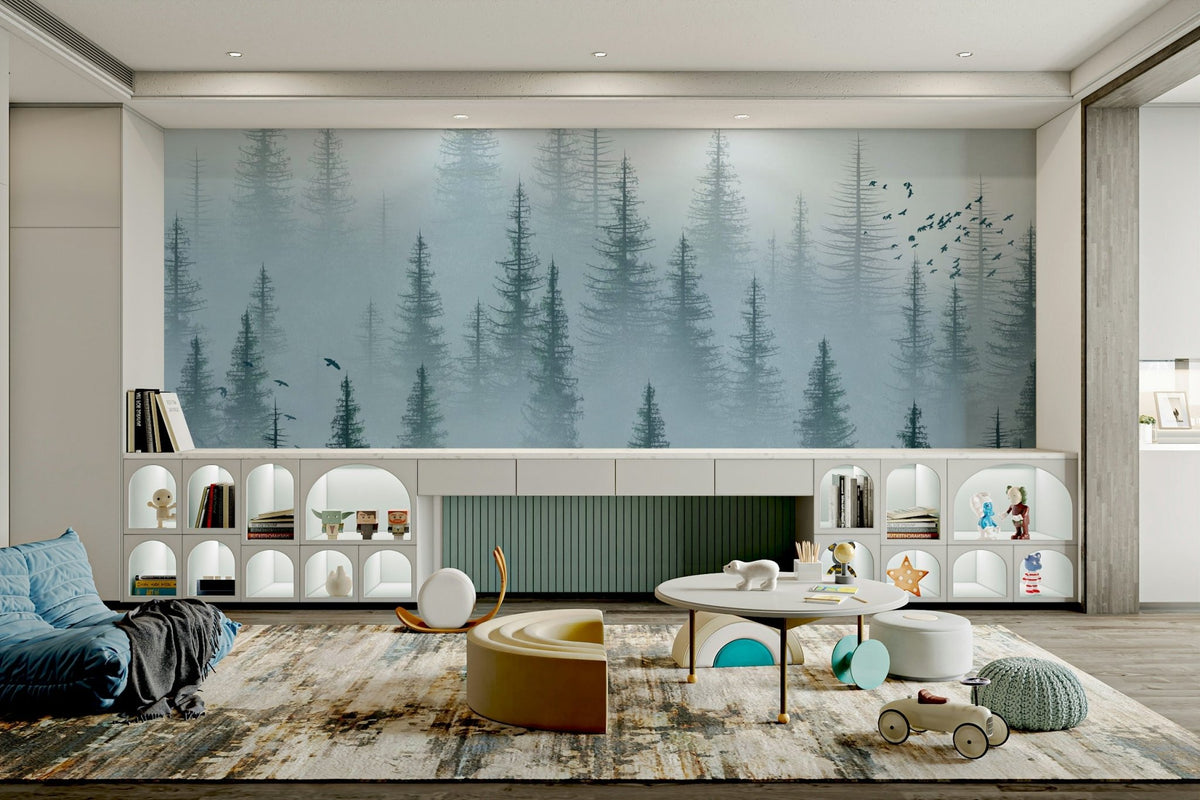 misty forest wallpaper with tall trees GD084
