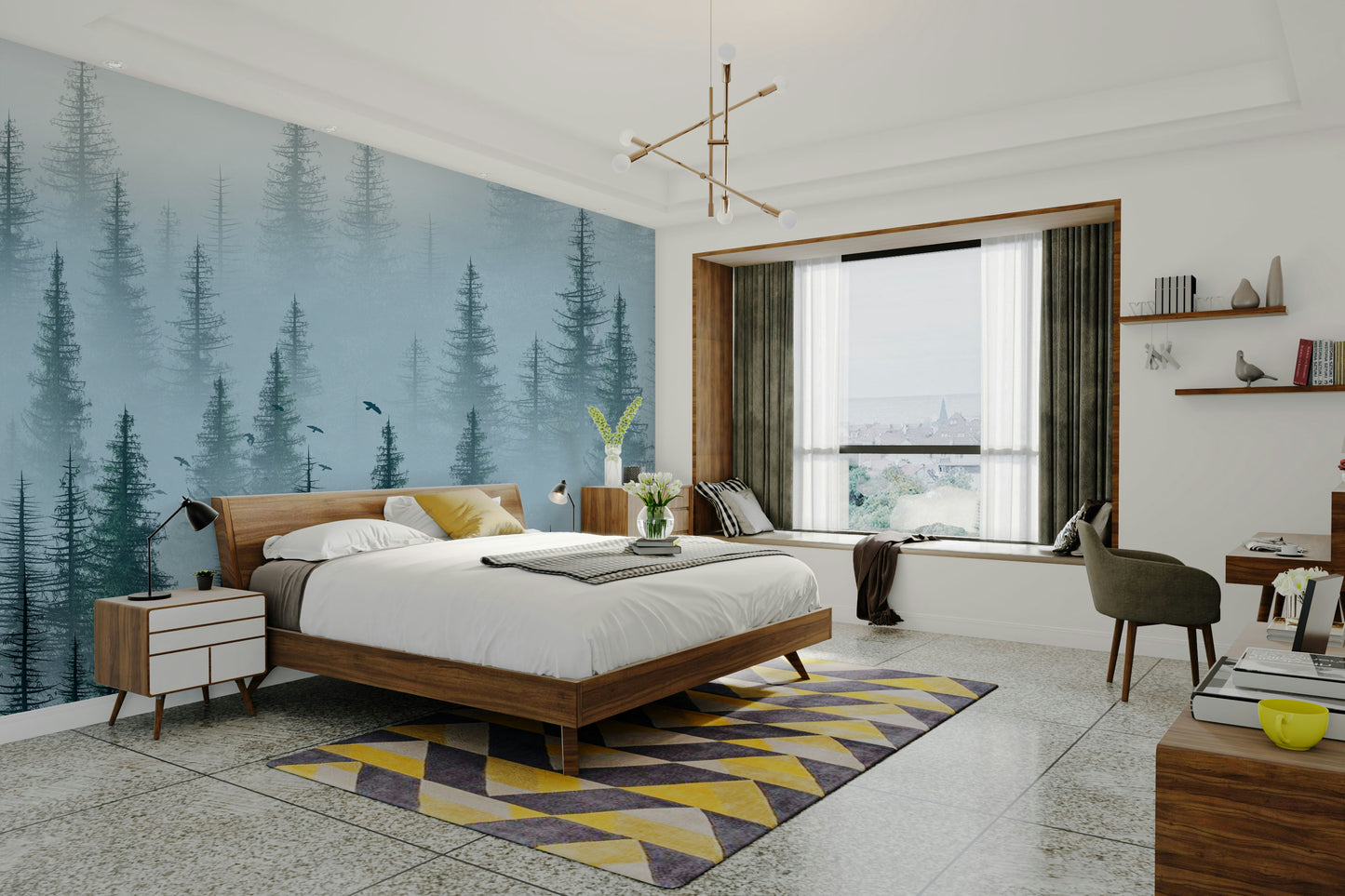 blue forest wall mural with trees