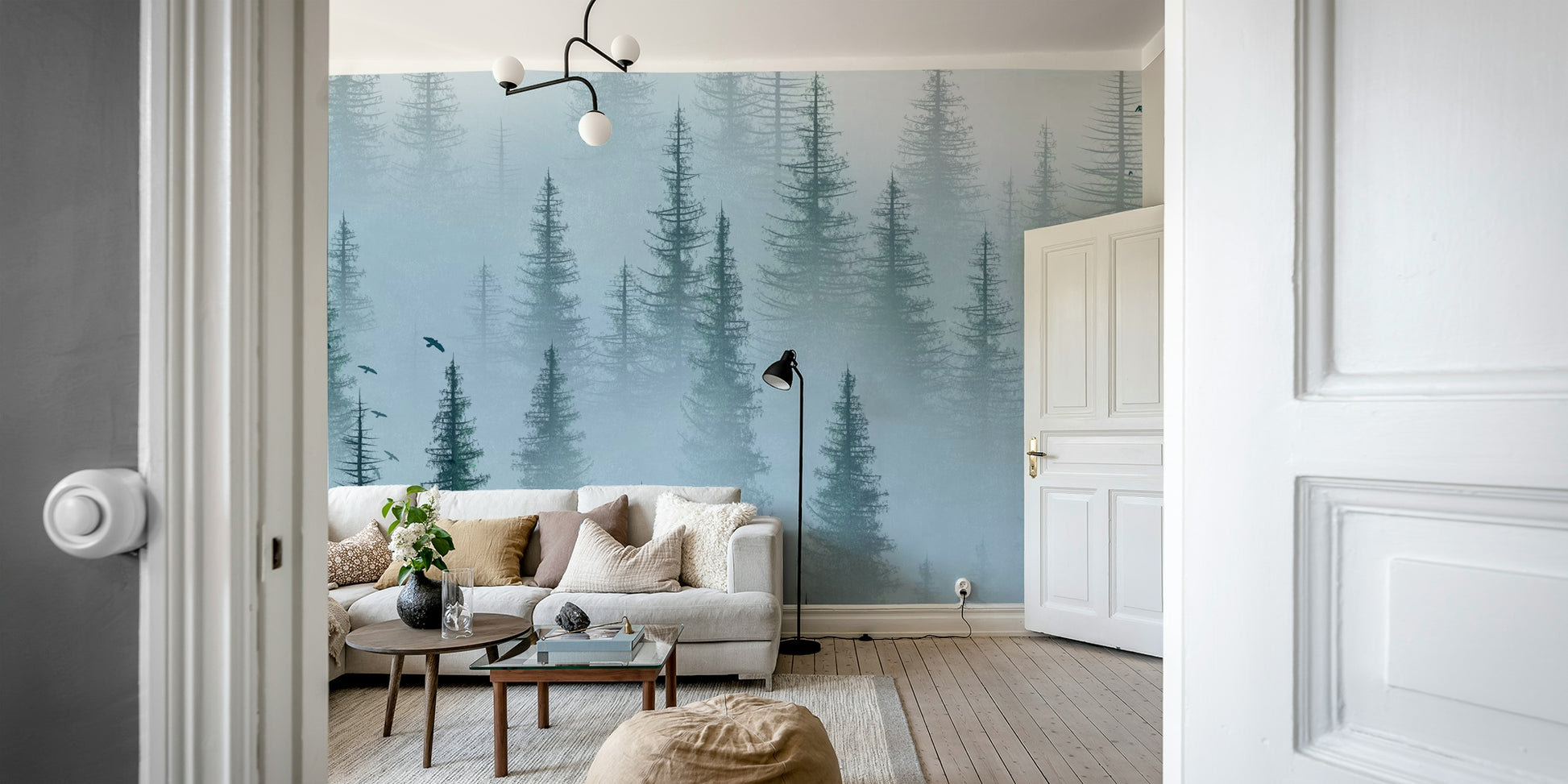 pine forest mural with light mist
