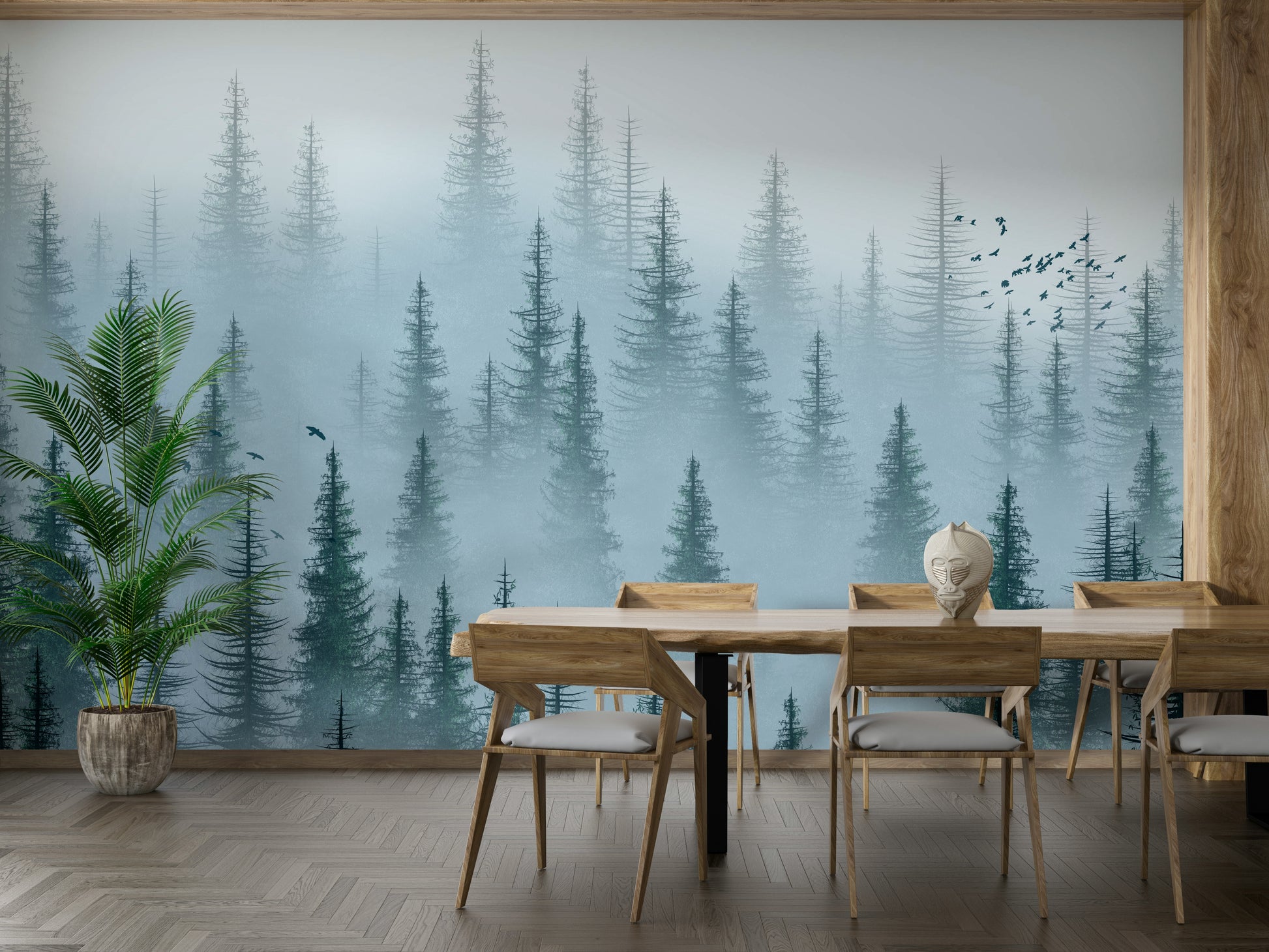 foggy woods wall mural with birds