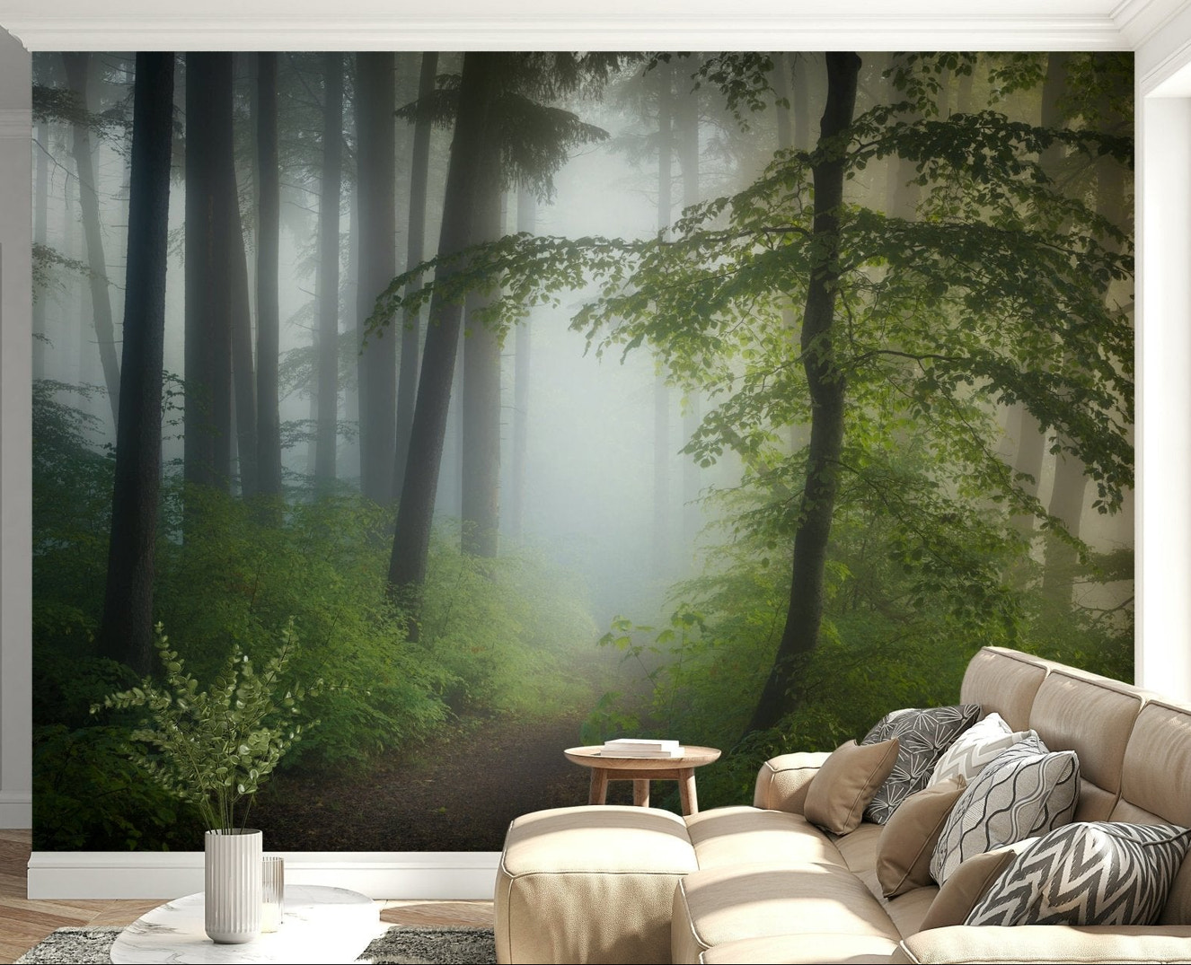 Neutral lounge corner balanced by Misty Woods Escape wall mural and forest layers