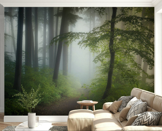 Neutral lounge corner balanced by Misty Woods Escape wall mural and forest layers