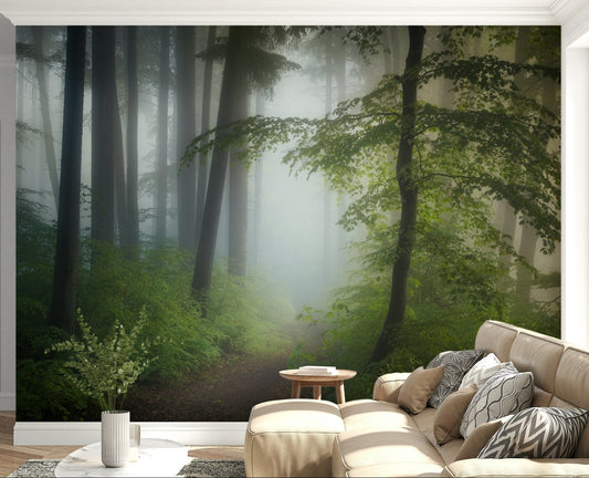 Neutral lounge corner balanced by Misty Woods Escape wall mural and forest layers