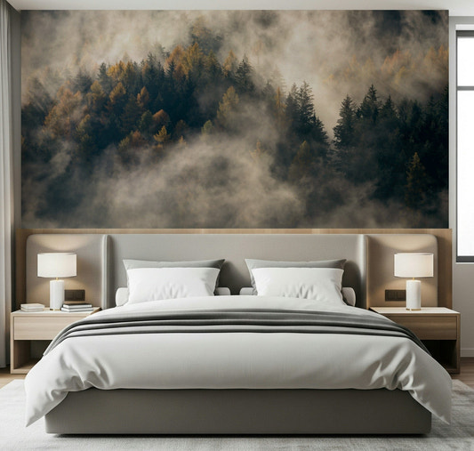 Misty Woods Serenity wall mural forest fog golden light