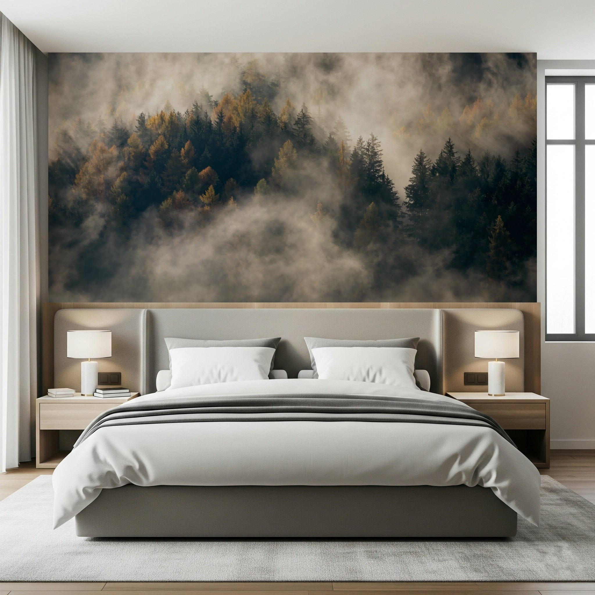 Misty Woods Serenity wall mural forest fog golden light