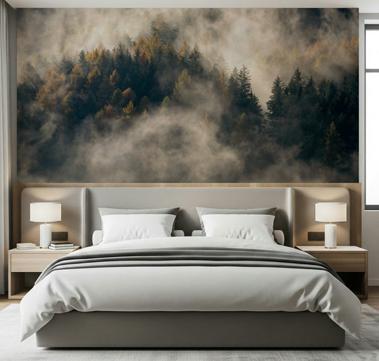 Misty Woods Serenity wall mural forest fog golden light