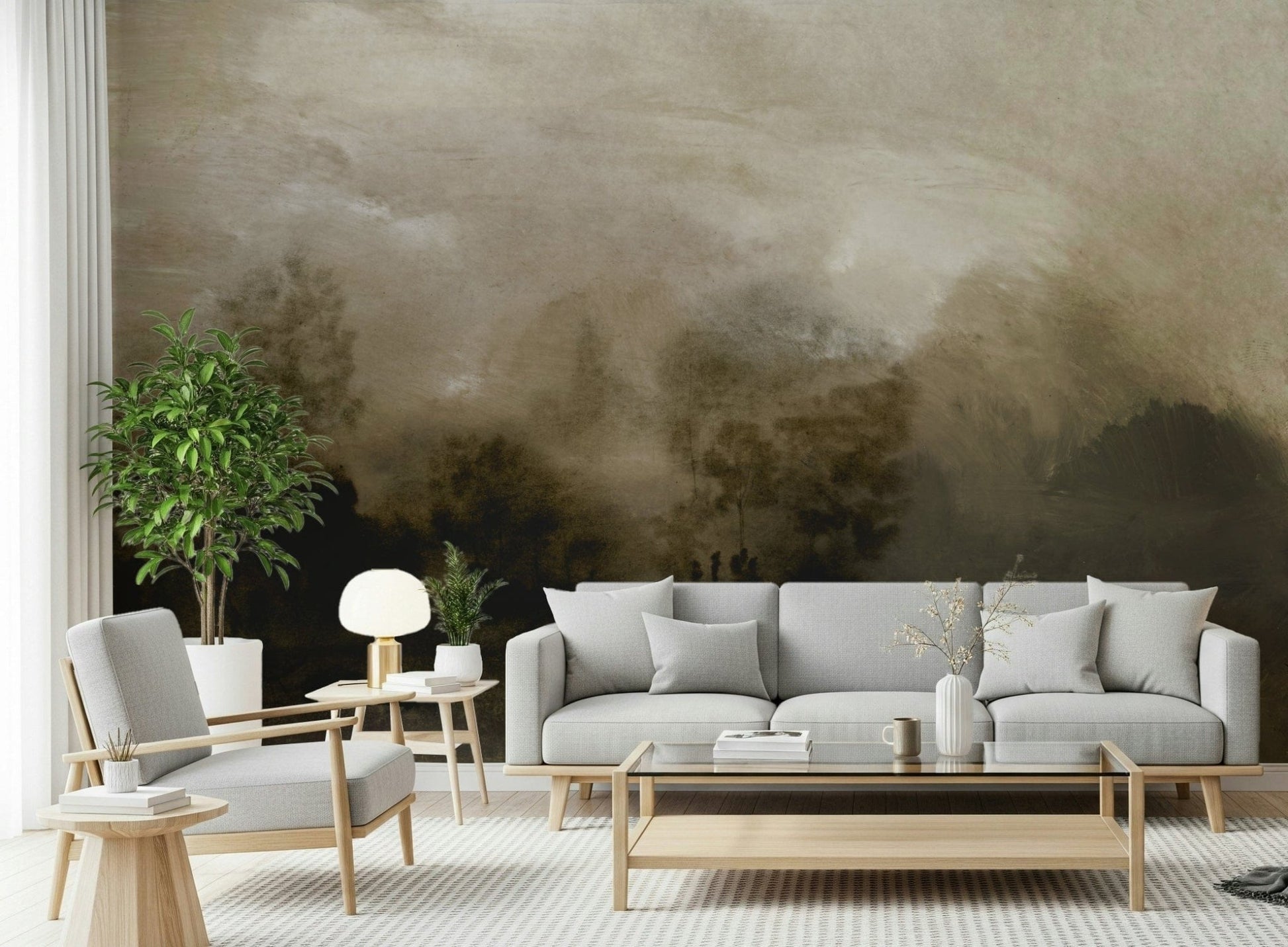 A graceful subtle mist wall mural in cool, natural tones.