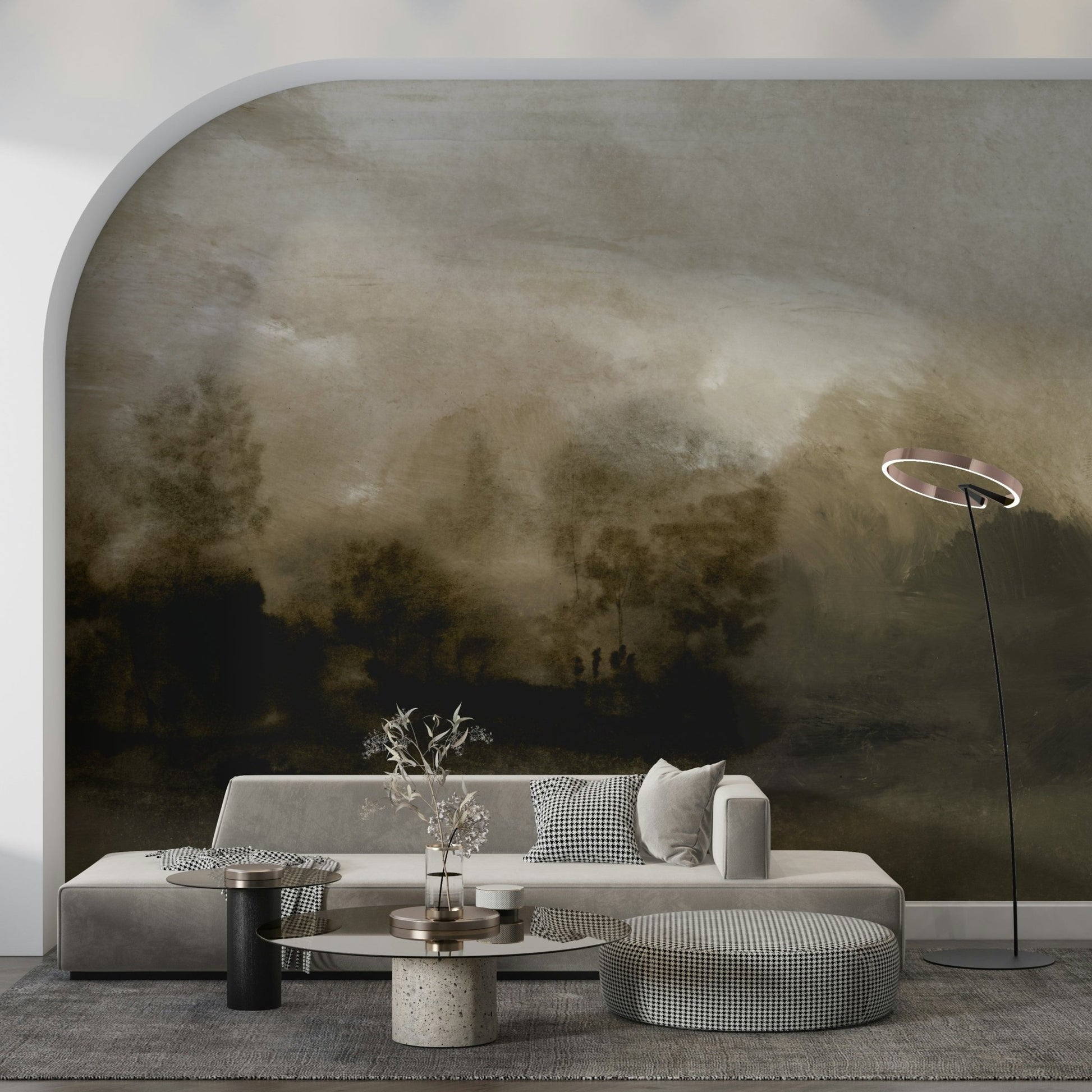 A calming serene forest wallpaper mural that defines a space.