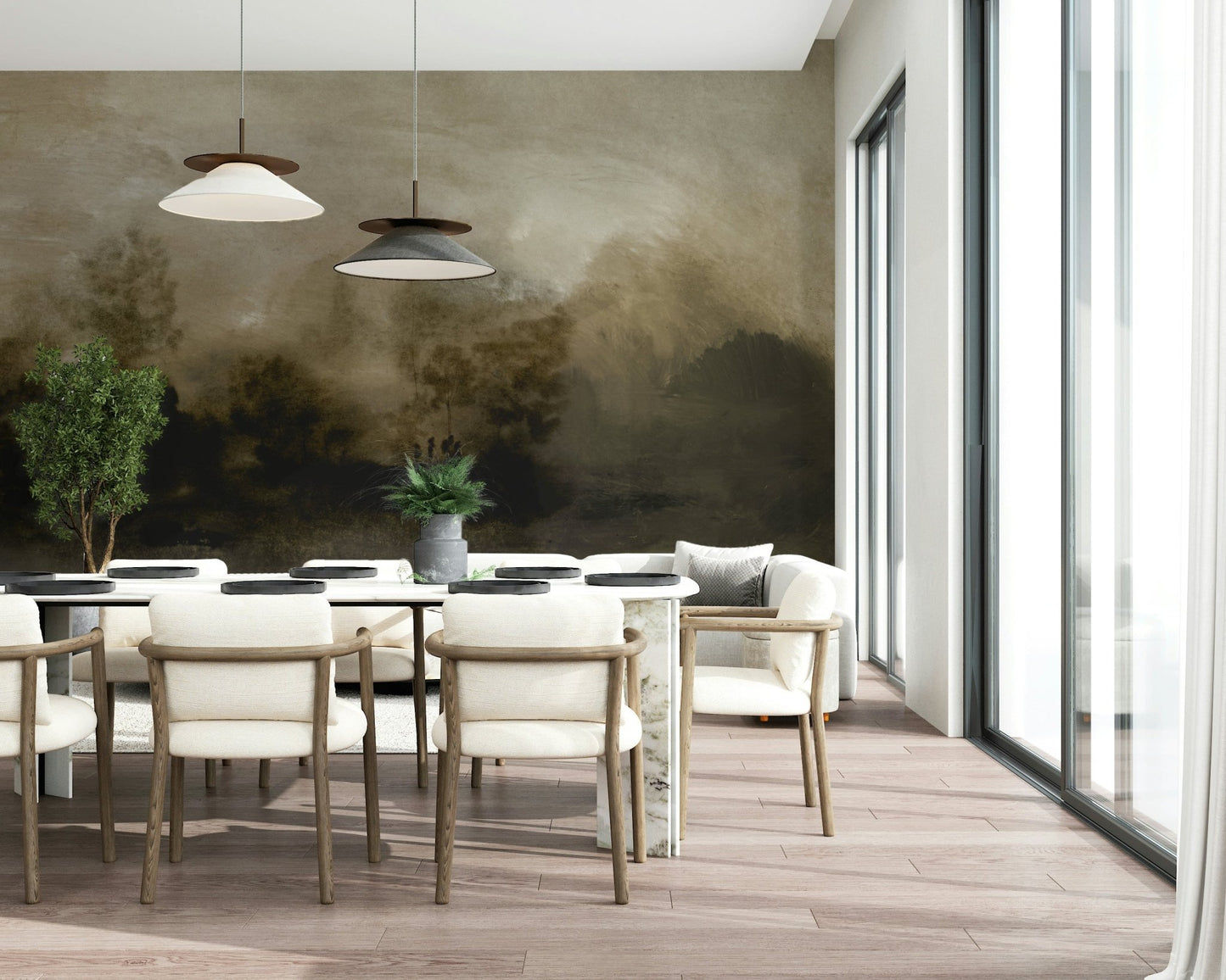 A beautiful wide-angle wall mural of a dreamy wood.