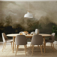 A peaceful woodland vista mural on decorative wallpaper.