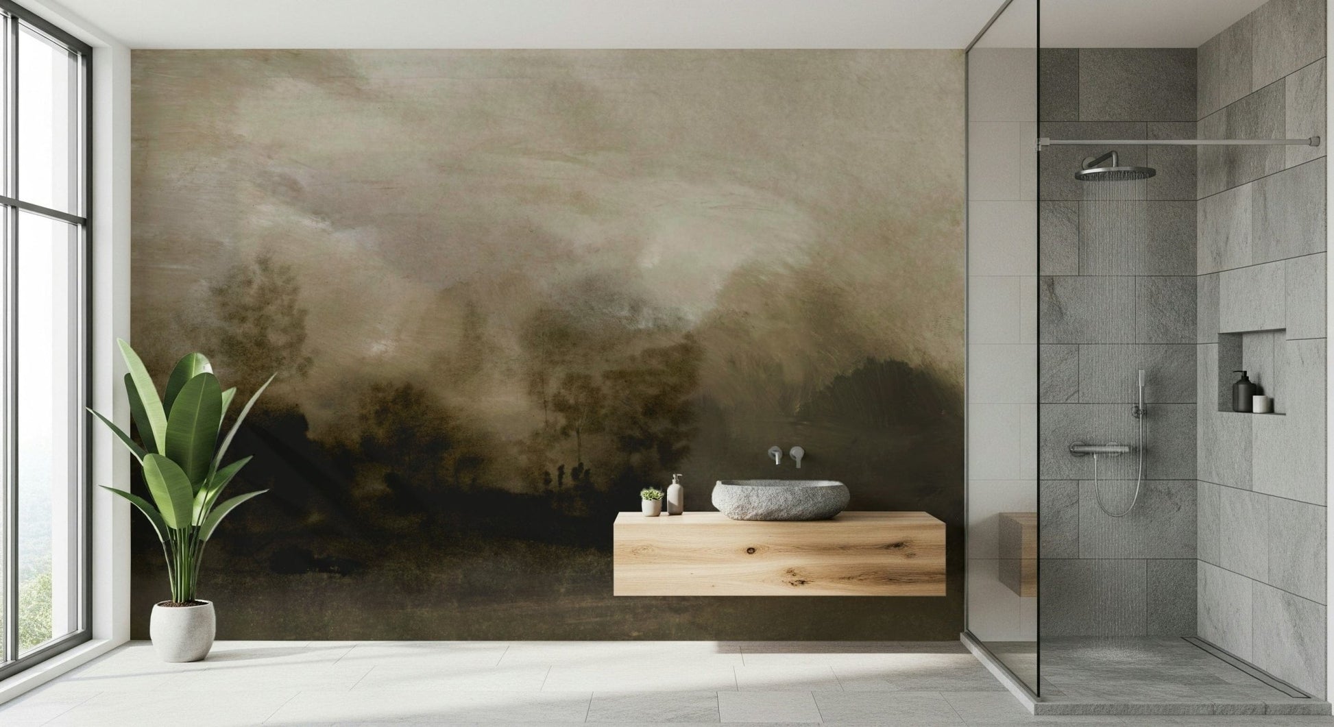 An artistic dreamy landscape mural on minimalist wallpaper.