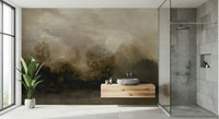 An artistic dreamy landscape mural on minimalist wallpaper.