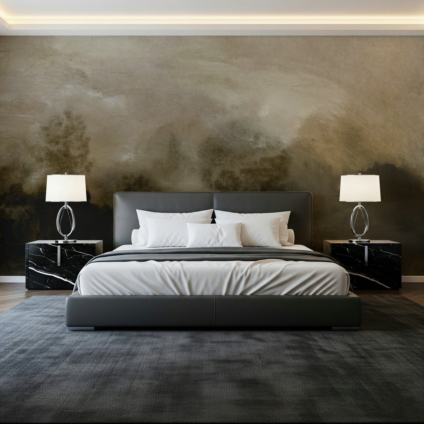 A beautiful serene forest wallpaper mural with subtle mist.