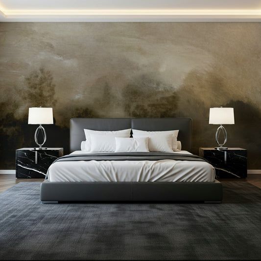 A beautiful serene forest wallpaper mural with subtle mist.