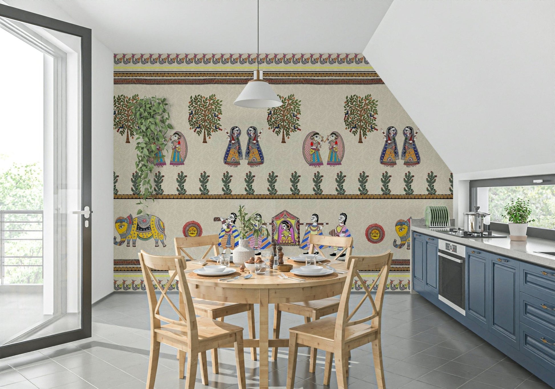 Mithila Majesty mural featuring symmetrical folk elements