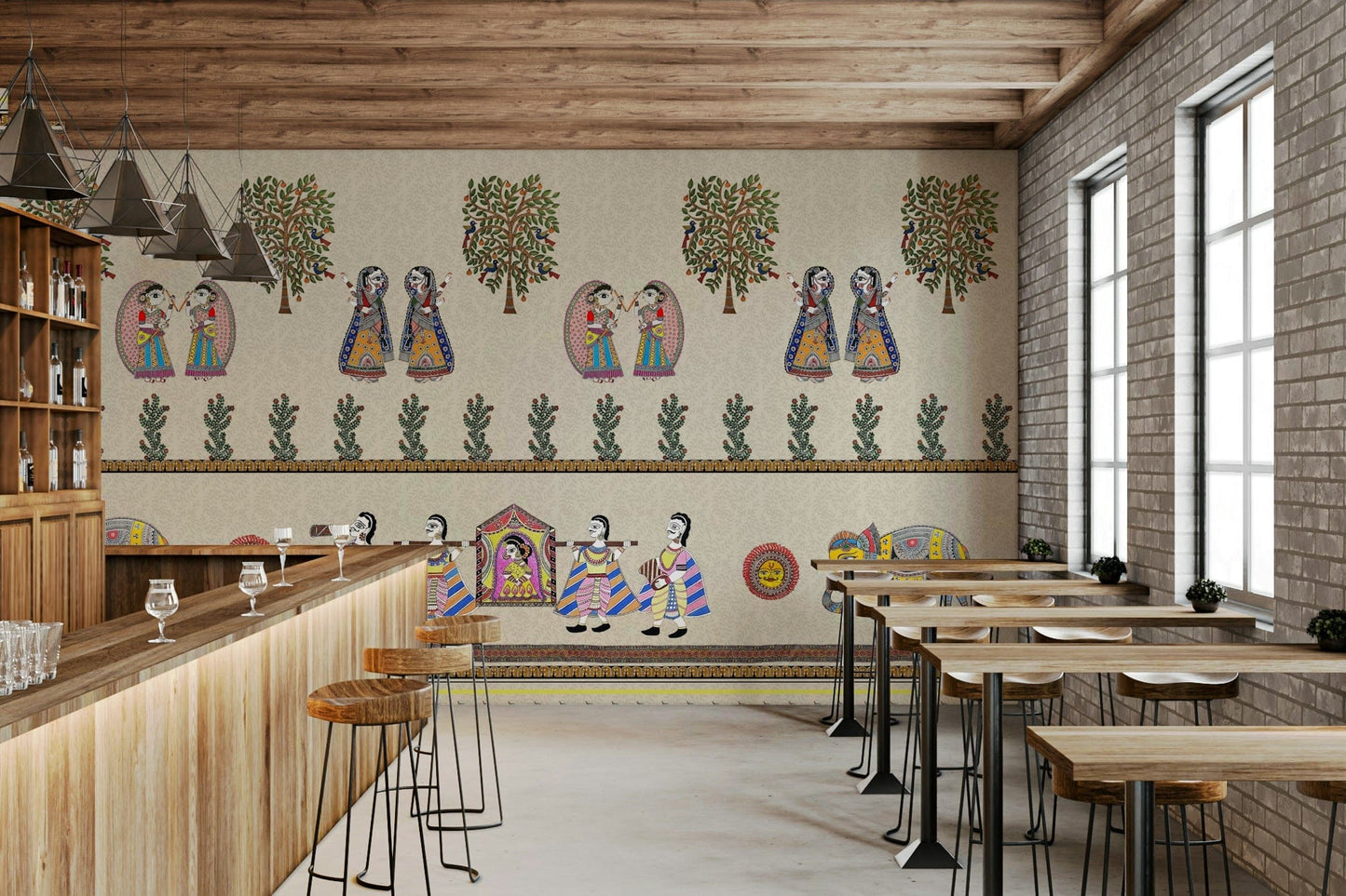 Cultural Indian wall mural with hand-drawn details