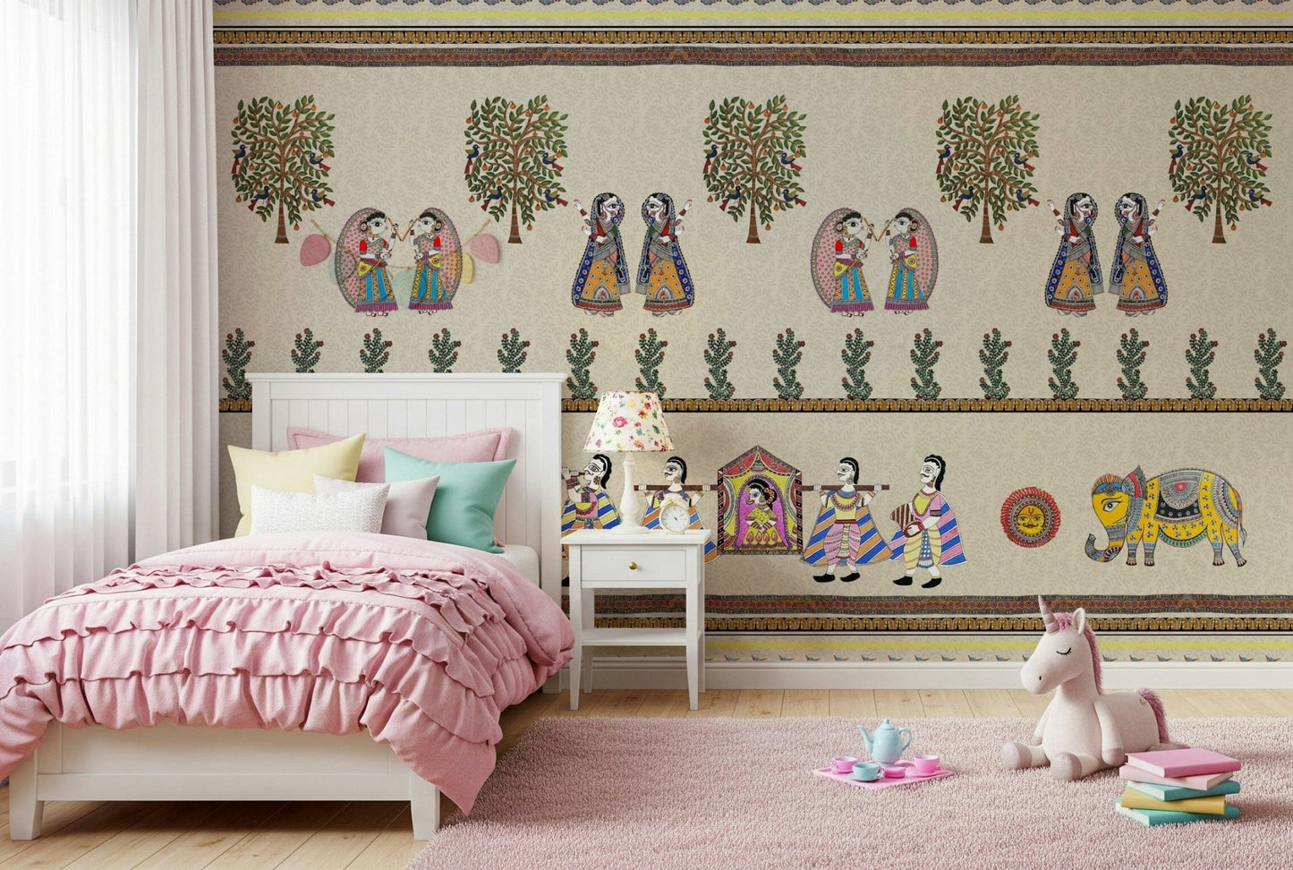 Mithila Majesty mural showing floral and geometric patterns