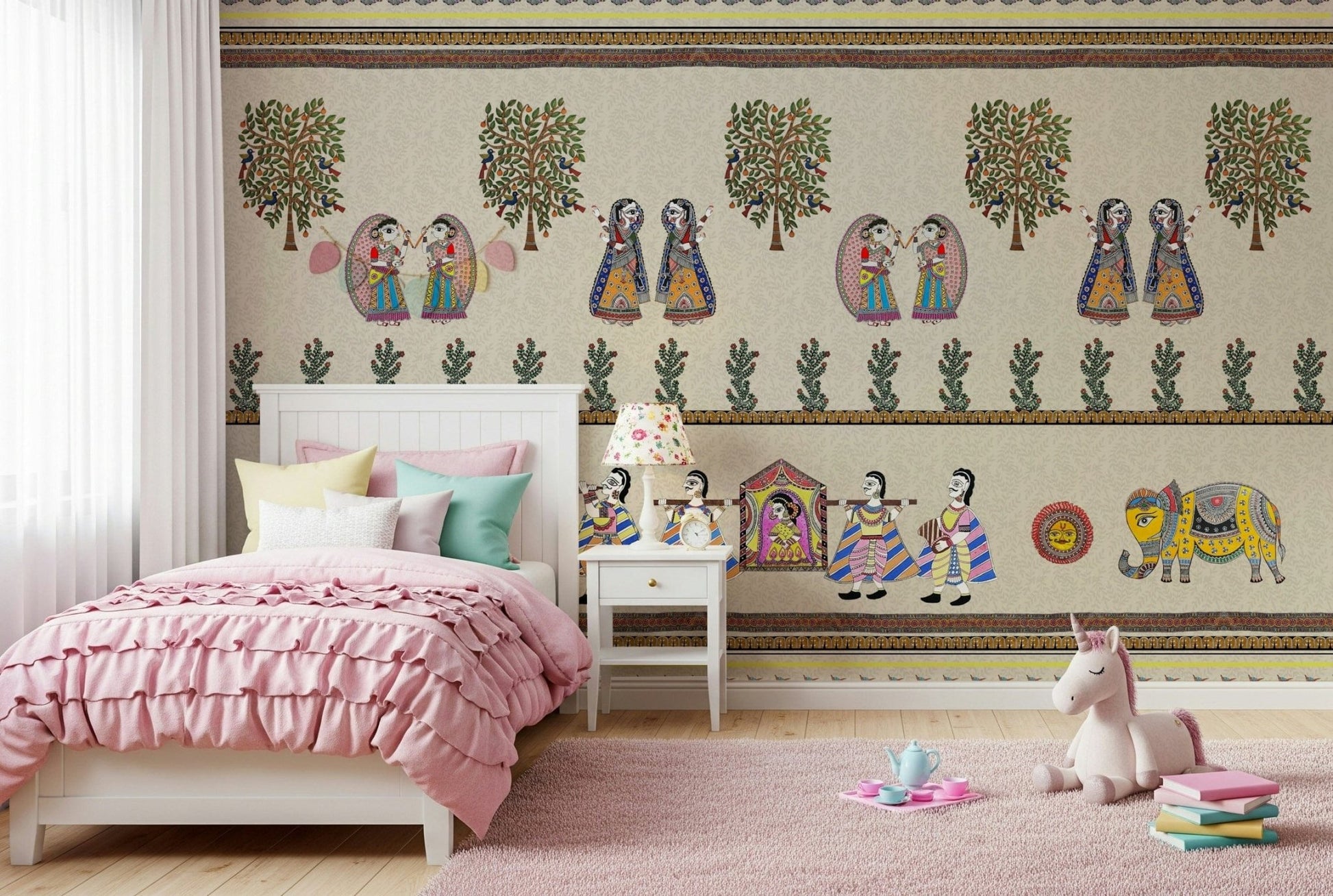 Mithila Majesty mural showing floral and geometric patterns