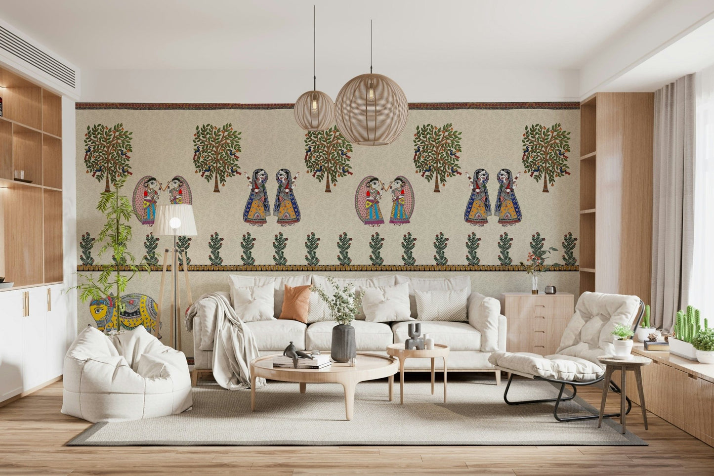 Indoor wall mural inspired by Madhubani painting tradition
