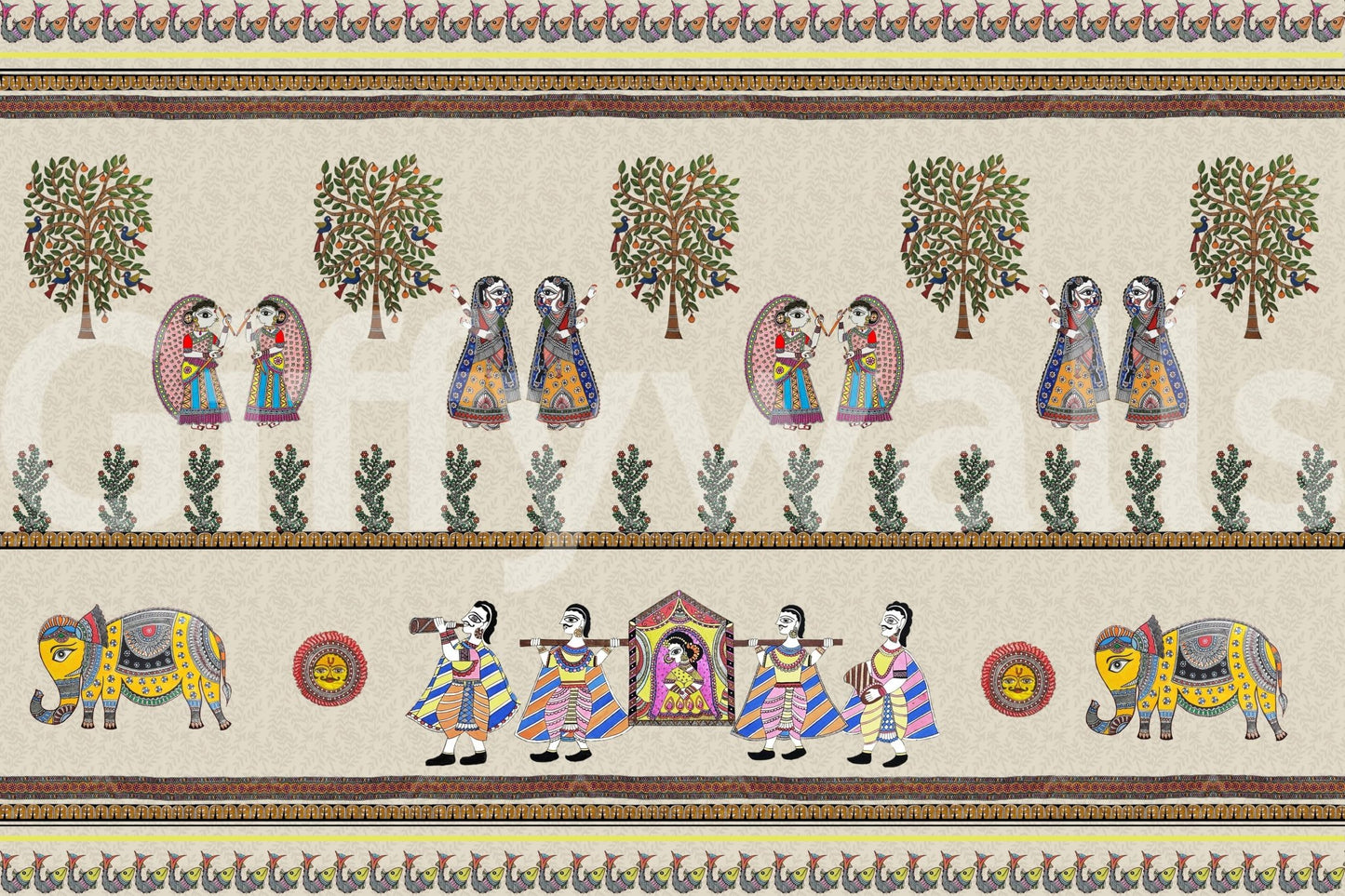 Artistic Mithila wall mural with nature-based motifs