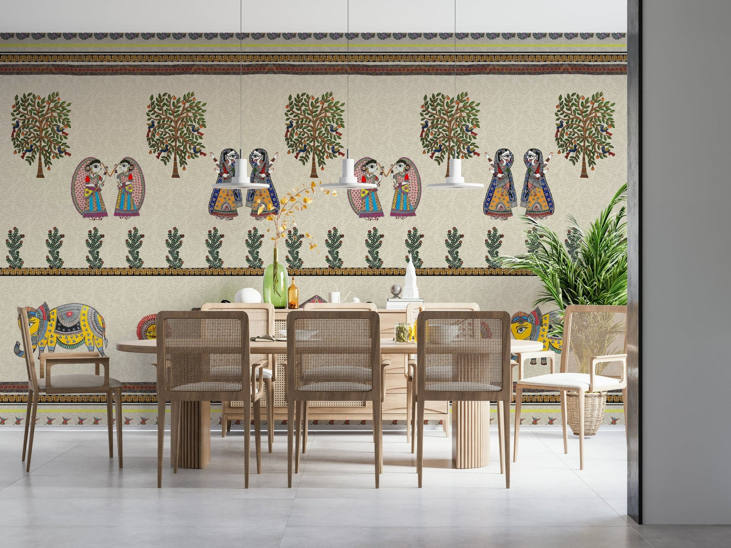 Close view of Mithila Majesty mural artwork on wall