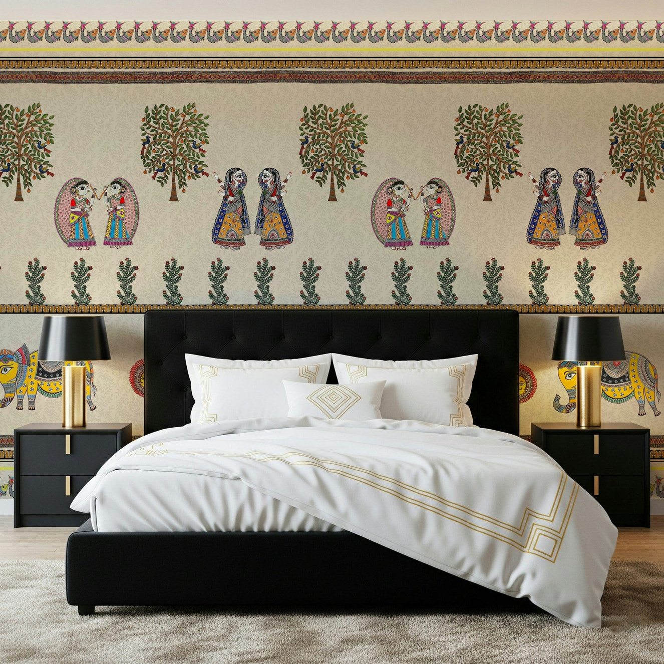 Indian folk art inspired Mithila wall mural design