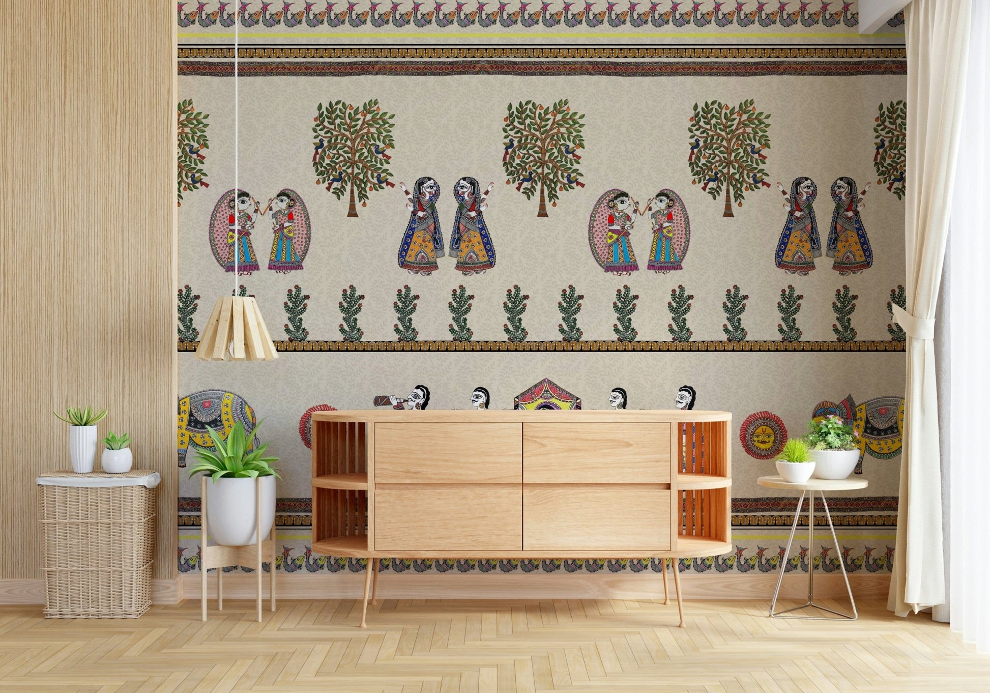 Detailed Madhubani style wall mural for interior walls